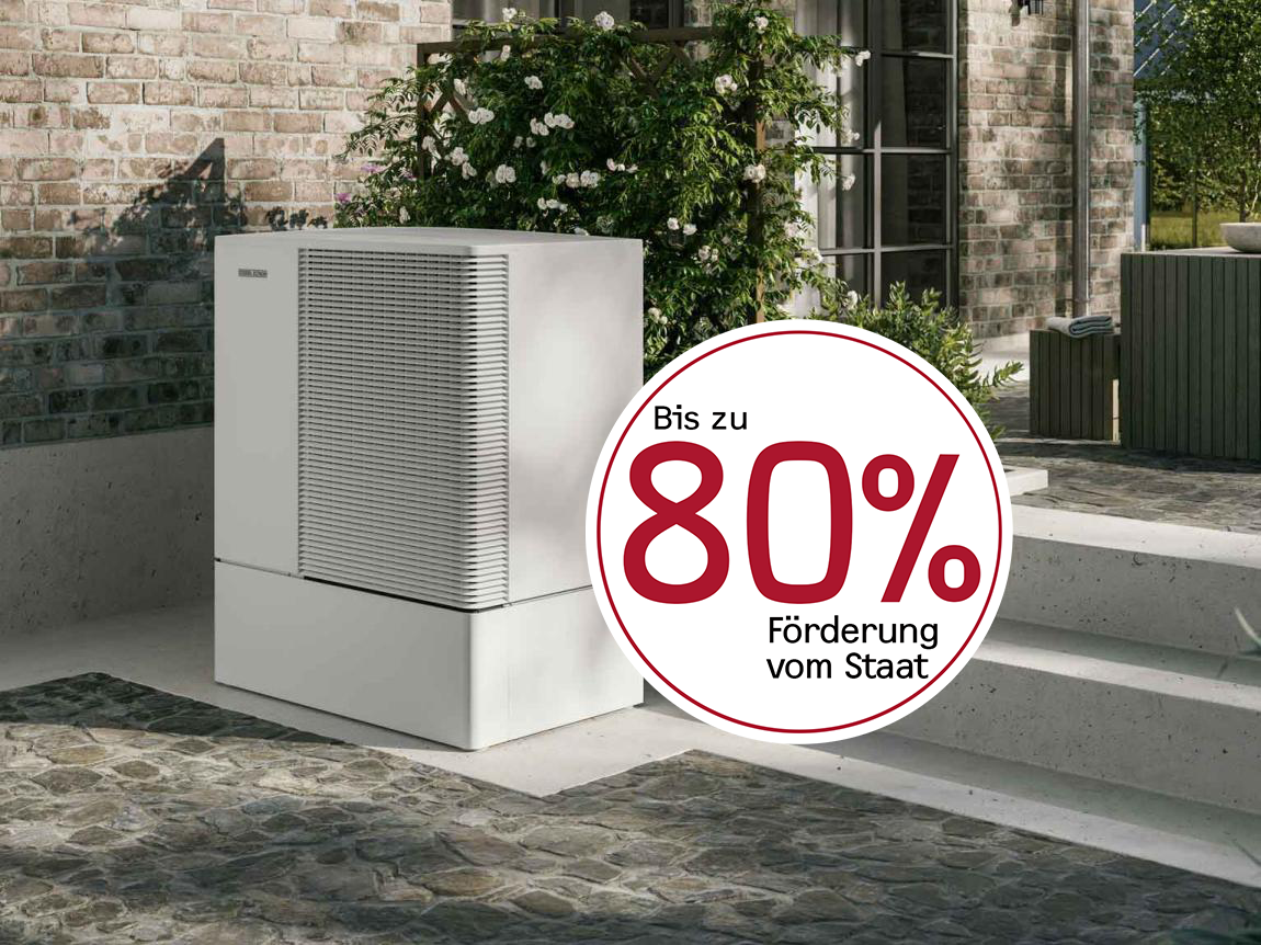 Das Bild zeigt die Wärmepumpe WPL-A W Plus von STIEBEL ELTRON. Auf dem Bild ist zusätzlich der folgende Hinweis gegeben: Bis zu 80 % Förderung vom Staat.